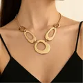 Chunky gold chain necklace set with geometric hollow oval pendants for women - Gold Geometric Ring Necklace (A-1185)
