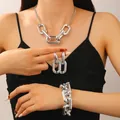 Silver chunky chain jewelry set including necklace, bracelet and earrings on model - Earrings Bracelet Necklace (23)