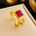Vintage 18K gold plated stainless steel ring with square red gemstone and textured band - Square Red Gemstone Granular Texture Style (R543) / Adjustable Open