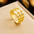 Vintage 18K gold-plated stainless steel ring with triple pearl beads and open band - Adjustable Open
