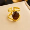 Retro 18K gold plated stainless steel ring with oval brown gemstone and filigree - Double Layer Wave Dark Brown Glitter Gem Style (R542) / Adjustable Open