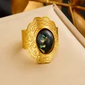Retro 18K gold plated stainless steel ring with black gemstone and floral engraving - Adjustable Open