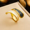 Vintage 18K gold-plated stainless steel wrap ring with white and grey inlay details - Adjustable Open