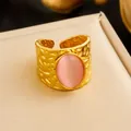 Retro 18K gold plated wide ring with pink oval gemstone and hammered texture finish - Adjustable Open