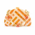 Detailed macro view of ivory marble acrylic handbag with orange geometric stripe and gold chain - Orange with Bracelet Chain