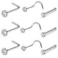 Set of 9 silver nose studs with clear zircons in L-shape, bone, and screw designs - Steel