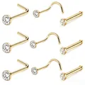 Set of 9 gold-plated nose studs with sparkling clear crystals in L-shape and screw styles - Gold