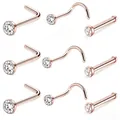 9-piece rose gold nose stud set with clear zircon stones in L-shape, screw and bone styles - Rose Gold