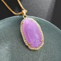 Collana a catena dorata con ciondolo ovale viola Vergine Maria e bordo in cristallo - Stile Ritratto della Vergine Maria / Viola