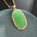 Green Guadalupe pendant necklace with gold box chain and sparkling crystal bezel - Virgin Mary Portrait Style / Green
