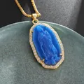 Blue Virgin Mary medal pendant with rhinestone halo on golden box chain necklace - Virgin Mary Portrait Style / Blue
