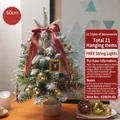 60cm frosted Christmas tree with gold ornaments, red ribbons and LED lights decoration - Golden Chapter Style-60cm