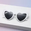 White heart-shaped sunglasses with black lenses and Bride script for bridal party gifts - Bride Style White Frame Black Lens (C15)