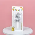 Close-up of a silver number 5 birthday candle in professional retail packaging - Silver Number 5 Candle