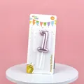 Close-up of pink metallic number 1 birthday candle in decorative party packaging card. - Rose Gold Number 1 Candle