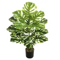 Detailed view of artificial variegated Monstera plant with white marbled leaves in a black pot. - Large 18-Head White Camouflage Monstera (Without Pot)
