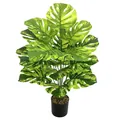 Close-up detail of a variegated faux Monstera deliciosa artificial plant in a black pot - Large 18-Head Yellow Camouflage Monstera (Without Pot)