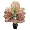 Detail view of pink and green artificial monstera plant in black pot for home decor - 12-Head Pink Monstera (Without Pot)