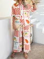 Two-piece bohemian set featuring orange checkerboard and fruit print shirt with wide pants - S / White Background Fruit Pattern