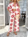 Bohemian two-piece set with white and red sun pattern shirt and wide-leg trousers - White Sun Floral