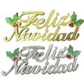 Feliz Navidad Weihnachtsschmuck in Gold und Silber mit Glitzereffekt und Stechpalme - 3D-Stil mit Blättern / 30cm / Gold
