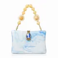 Blue marble acrylic evening box bag with yellow amber-style bead handle and gold clasp - Blue Marble