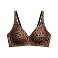 Deep V seamless leopard print bra for women with soft wireless support and adjustable straps - Brown Leopard Print