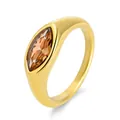 Detail of a marquise-cut amber stone flush set in a polished 18K gold stainless steel ring - Gold Champagne Stone