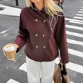Burgundy double-breasted short jacket with vintage buttons and wide lapels for women - S / Burgundy