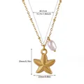 Detailed view of the stainless steel starfish necklace showing dimensions and pearl - Gold Starfish Baroque Pearl (N07378)