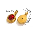 Detail view of oval red gemstone pendant with dimensions showing front and back - Gold Oval Pendant - Red Zirconia