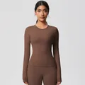 Detail view of brown tight-fit yoga set with high-elastic matte quick-dry fabric texture - S / Long Sleeve Top (7102) / Chestnut Brown