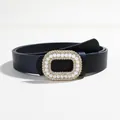 Elegant 2.8cm black leather belt with a vintage pearl and rhinestone encrusted buckle - Black