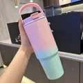 Vaso térmico de 30oz de acero inoxidable con degradado rosa y menta con asa - 890ml / Rosa A Azul