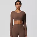 Close-up of deep brown cropped long sleeve top and high waist yoga leggings set - S / Long Sleeve Crop Top (7104) / Chestnut Brown