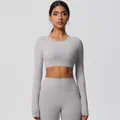 Detail of high-waist yoga leggings and long sleeve crop top in soft grey fitness set - 7104 Long Sleeve - Frost Grey / S