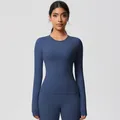 Slim fit dark blue yoga set with long sleeve top and high waist leggings for women - 7102 Long Sleeve - Badge Blue / S