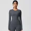 Slim fit charcoal grey yoga set with long sleeve top and matching compression leggings - 7102 Long Sleeve - Graphite Gray / S