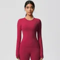 Slim fit long sleeve yoga top in dark berry red with moisture-wicking fabric - 7102 Long Sleeve - Rouge Red / S
