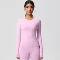 Slim fit light pink yoga set featuring long sleeve top and high waist sports leggings - 7102 Long Sleeve - Cherry Blossom Pink / S