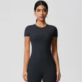 Women's tight brushed yoga set with short sleeve top and leggings in pure black - 7103 Short-sleeved T-shirt - Black / S