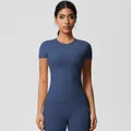 Slim-fit women yoga set in slate blue featuring short-sleeve shirt and high-waist pants - 7103 Short-sleeved T-shirt - Badge Blue / S