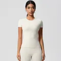 Ivory slim fit short sleeve yoga top in soft brushed fabric for women's fitness - 7103 Short Sleeve - Light Ivory / S