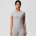 Light gray yoga set featuring short sleeve slim-fit top and high-waist compression leggings - 7103 Short-sleeved T-shirt - Frosty Gray / S
