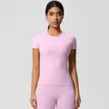 Women's tight yoga set in light pink featuring high waist leggings and short sleeve t-shirt - 7103 Short-sleeved T-shirt - Cherry Blossom Pink / S