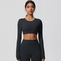 Two-piece black yoga set featuring long sleeve crop top and high-waisted leggings - 7104 Long Sleeve - Black / S
