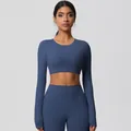 Women's dark blue long sleeve crop top and high waist leggings yoga set in cloud-feel fabric - 7104 Long Sleeve - Badge Blue / S