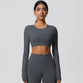 Deep grey brushed yoga set with seamless long sleeve crop top and high waist leggings - 7104 Long Sleeve - Graphite Gray / S