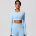 Light blue two-piece yoga set with long sleeve crop top and high waist leggings - 7104 Long Sleeve - Sky Blue / S