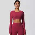 Deep red brushed yoga set featuring long sleeve cropped top and high waist leggings - 7104 Long Sleeve - Rouge Red / S